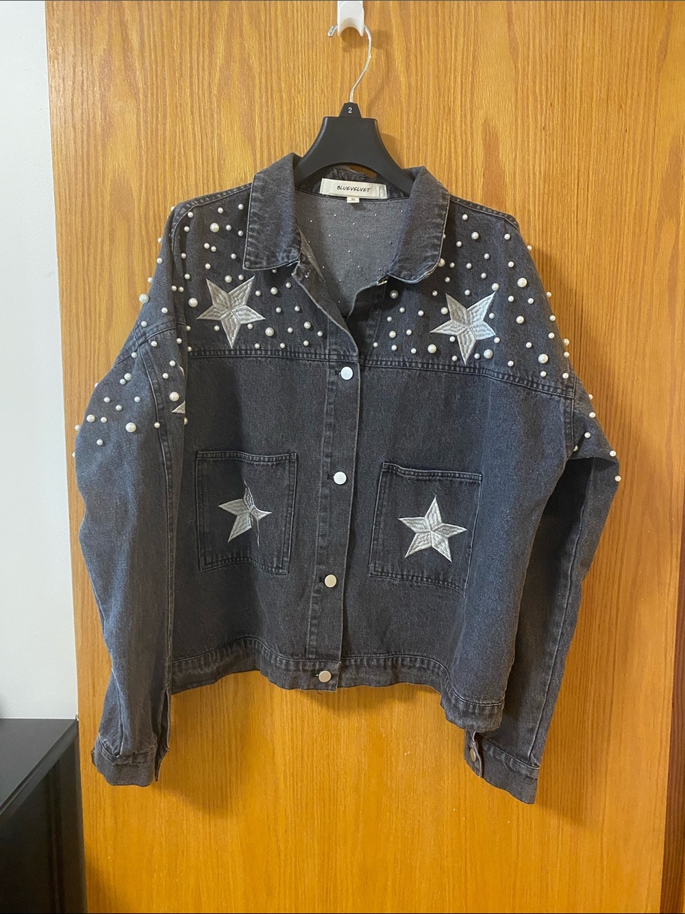 Embellished Black Denim Jean Jacket with Star Appliqués
